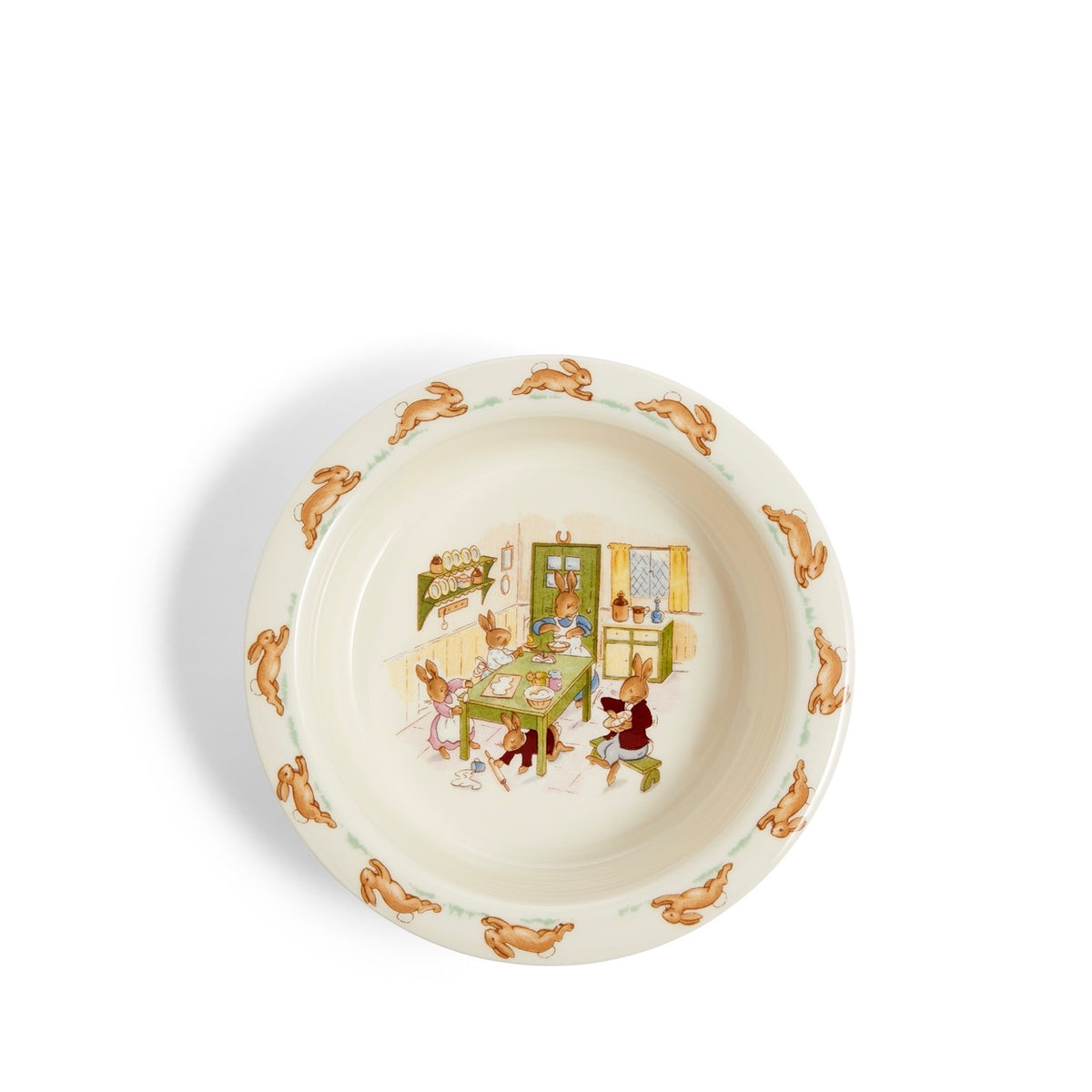 Top view of Bunnykins Baby Plate, 6 inch, showcasing rabbit border and nursery scene on white background