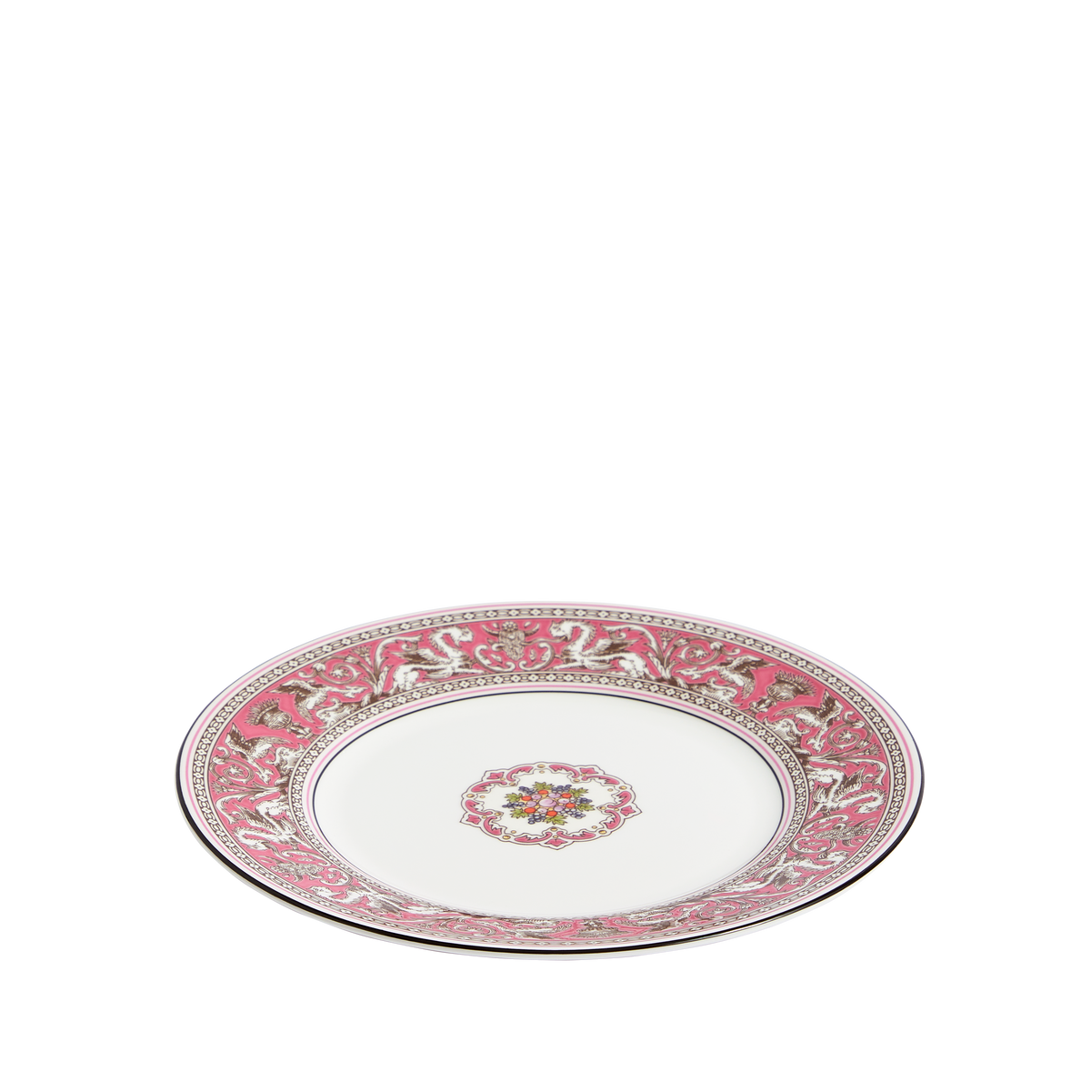 Angled front view of Florentine Fuchsia side plate showcasing fuchsia ornamental border and central floral medallion on white background