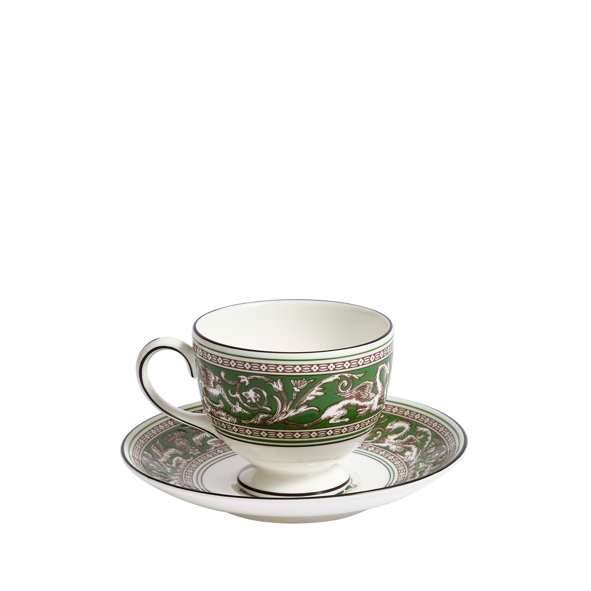 Front view of Florentine Verde teacup and saucer showing green mythic creature band on white background