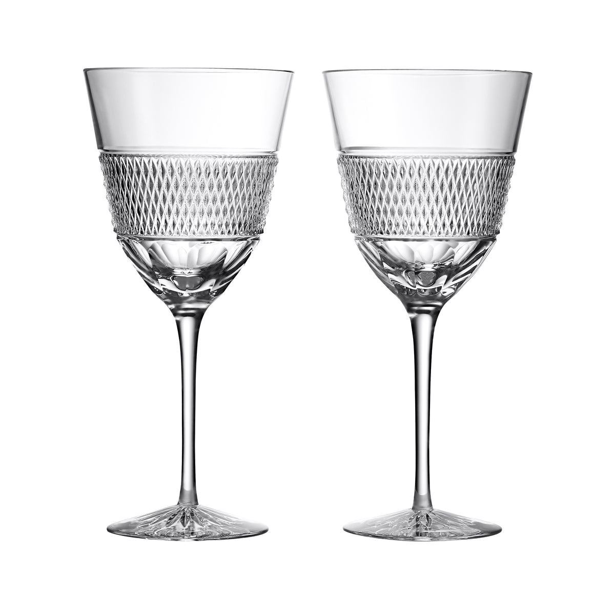 Front view of Copper Coast Mastercraft white wine glasses set of 2 showcasing central band of caro cuts and long stems on white background