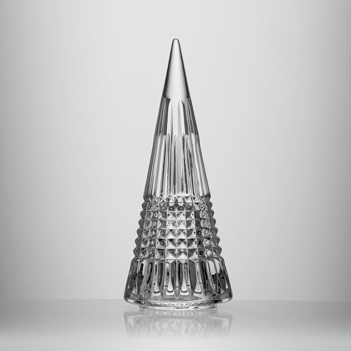 Front view of Lismore Diamond Crystal Tree Ornament showcasing signature wedge and diamond cuts with a gray background