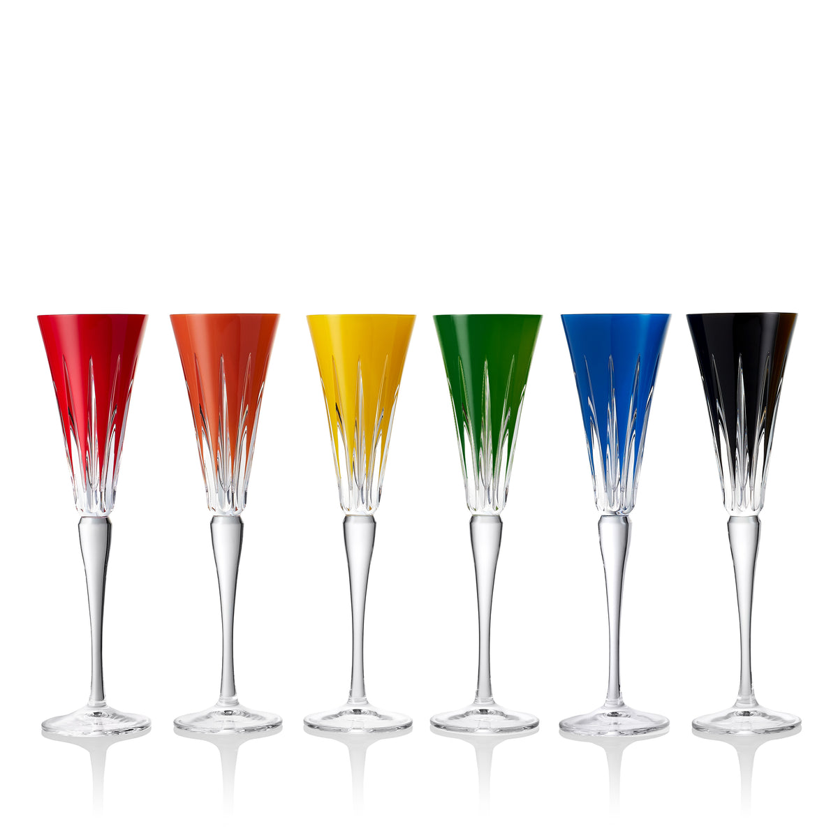 Front view of New Year Flutes Firework Mixed, Set of 6 showcasing multicoloured opaque finishes on white background