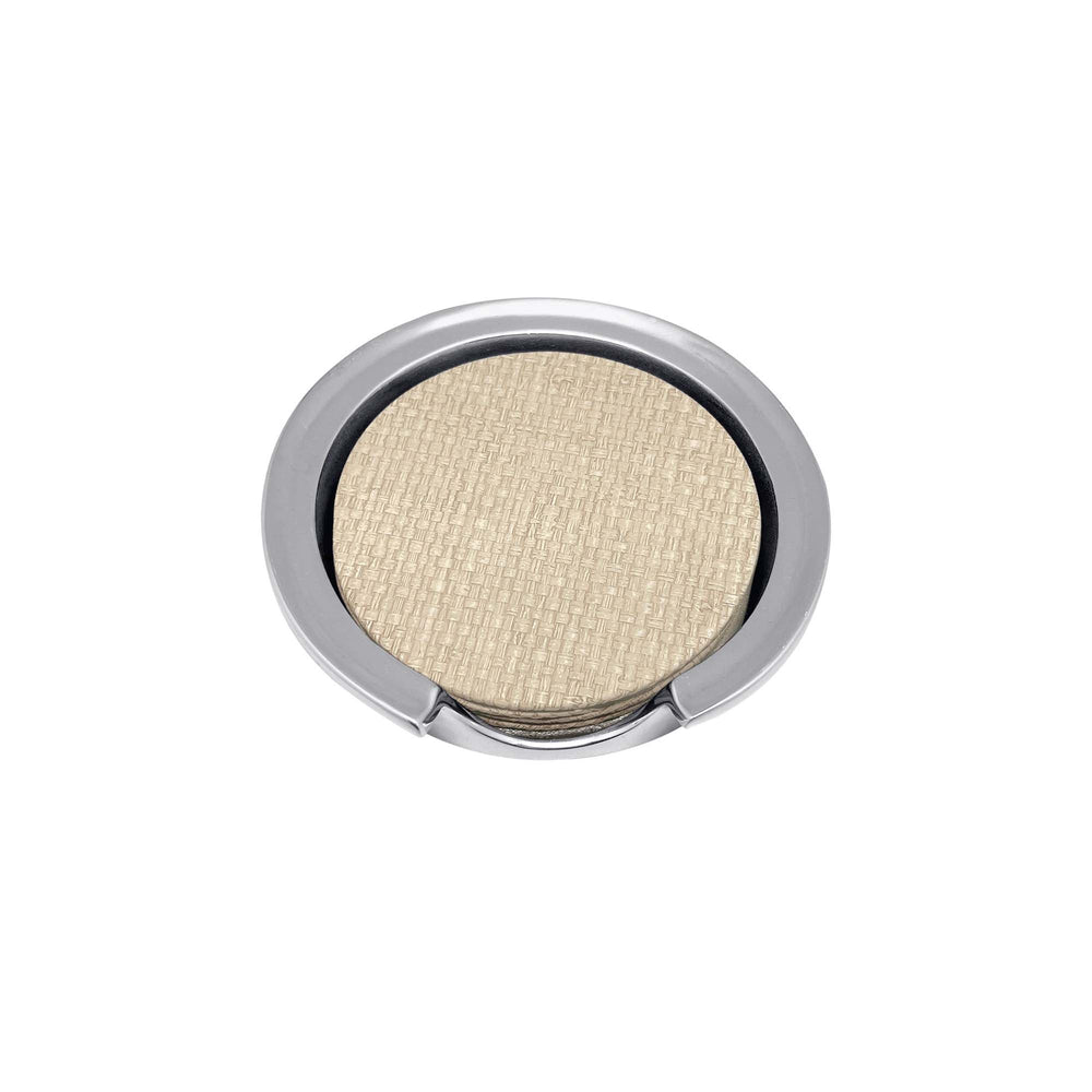 Top view of Coconut Grove faux grasscloth coaster in recycled aluminum holder showing beige woven texture on white background