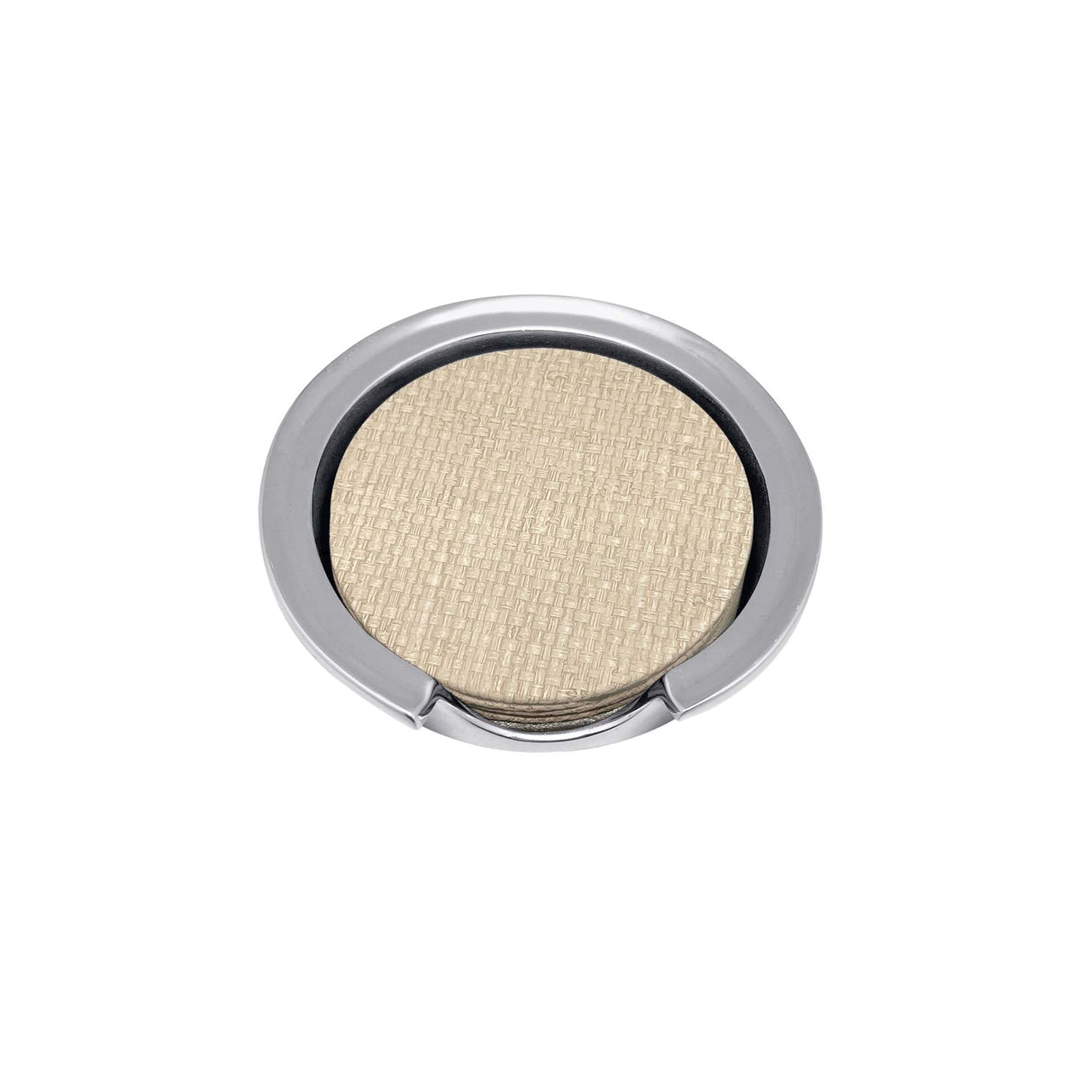 Top view of Coconut Grove faux grasscloth coaster in recycled aluminum holder showing beige woven texture on white background