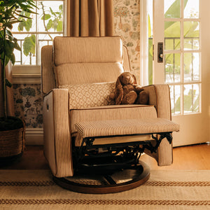 Sigi Pro Power Recliner and Swivel Glider with Power Adjustable Headrest and Lumbar Support by Nate Berkus in Performance Bronze Stripe Eco-Crossweave with Toffee Base