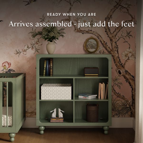 Astre assembled bookcase in archival elm with open shelves and feet; ready when you are, arrives assembled, just add the feet