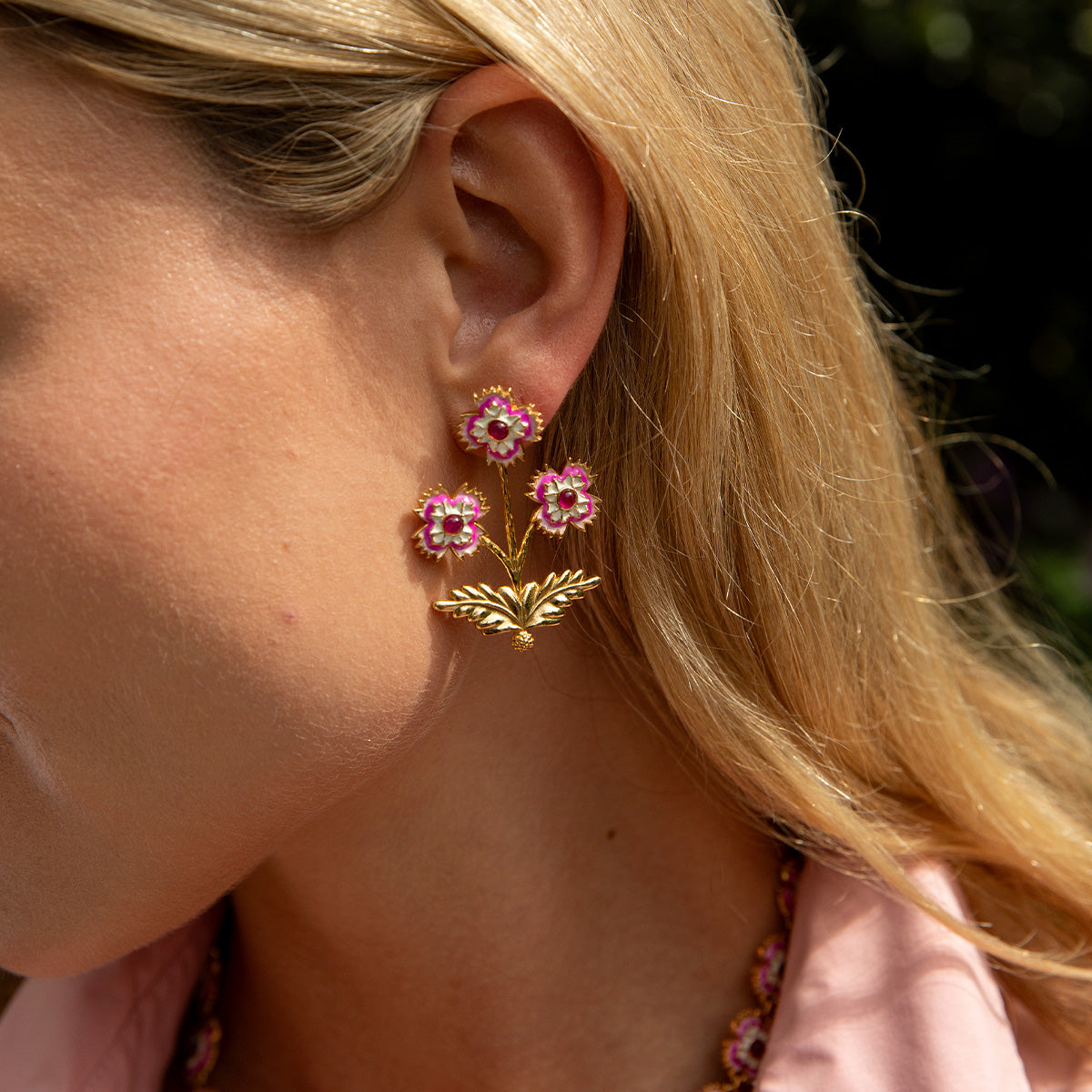 Dianthus Convertible Bouquet Post Earrings in Enamel/Jade