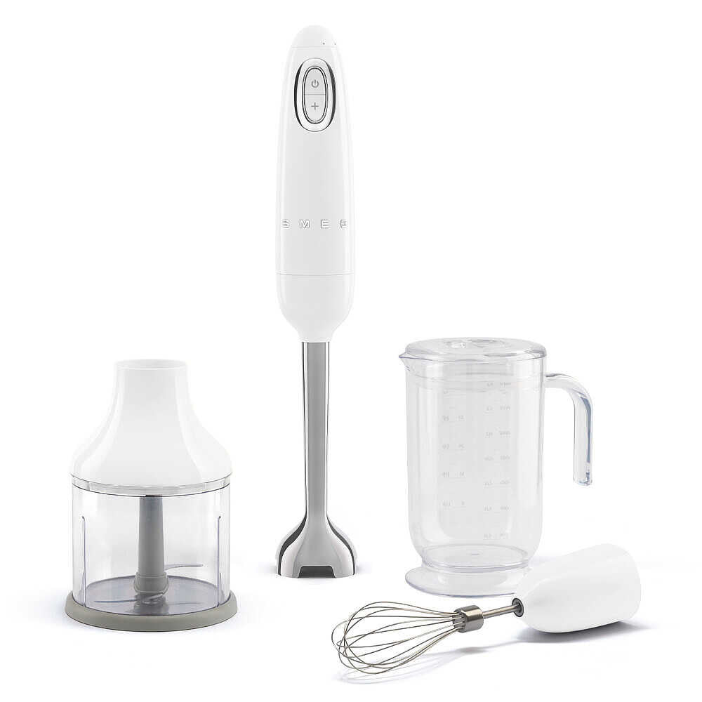 Hand blender with stainless-steel shaft, chopper bowl, graduated beaker and wire whisk on white background