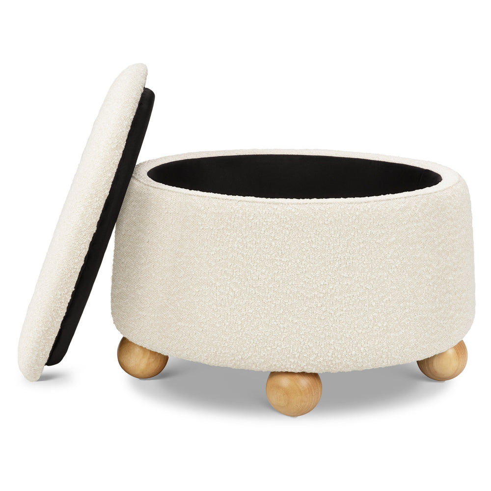 Tuffet Storage Ottoman in Performance Ivory Boucle with Honey Ball Feet