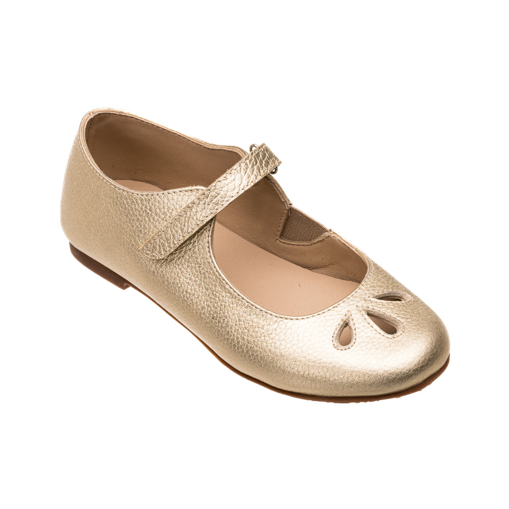 Three-quarter view of the Rosie Mary Jane in Gold showcasing flower cutout detail and hook and loop strap on white background