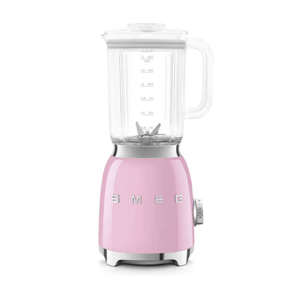 Front view of Retro Blender in Pink with transparent six cup pitcher showing measurements and side speed dial on white background