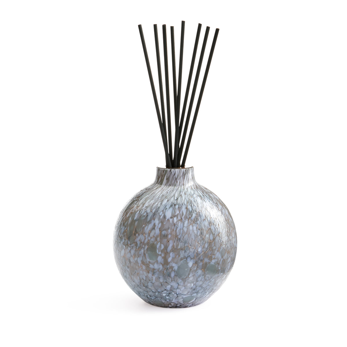 Front view of Lavender Flower Absolute diffuser in round Macchia glass with gray-blue finish and black reeds