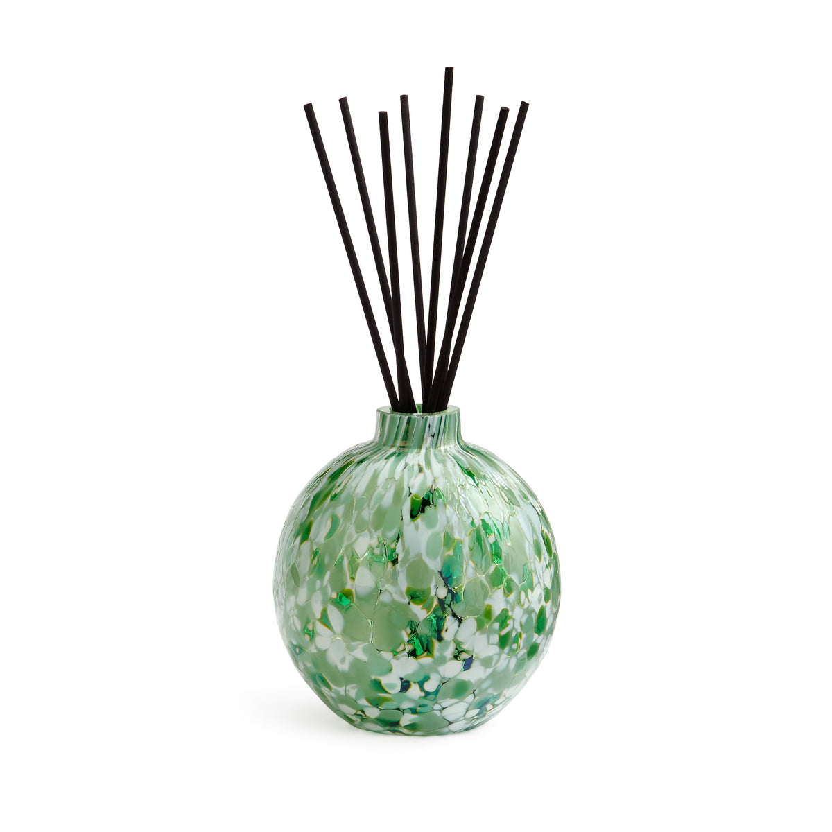 Front view of Star Jasmine Absolute diffuser showcasing hand-blown green mottled Macchia glass globe with black reeds on white background