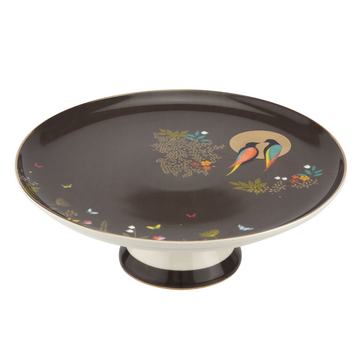 Angled view of Sara Miller Chelsea Collection Footed Cake Stand with two love birds and 22 karat gold detailing on white