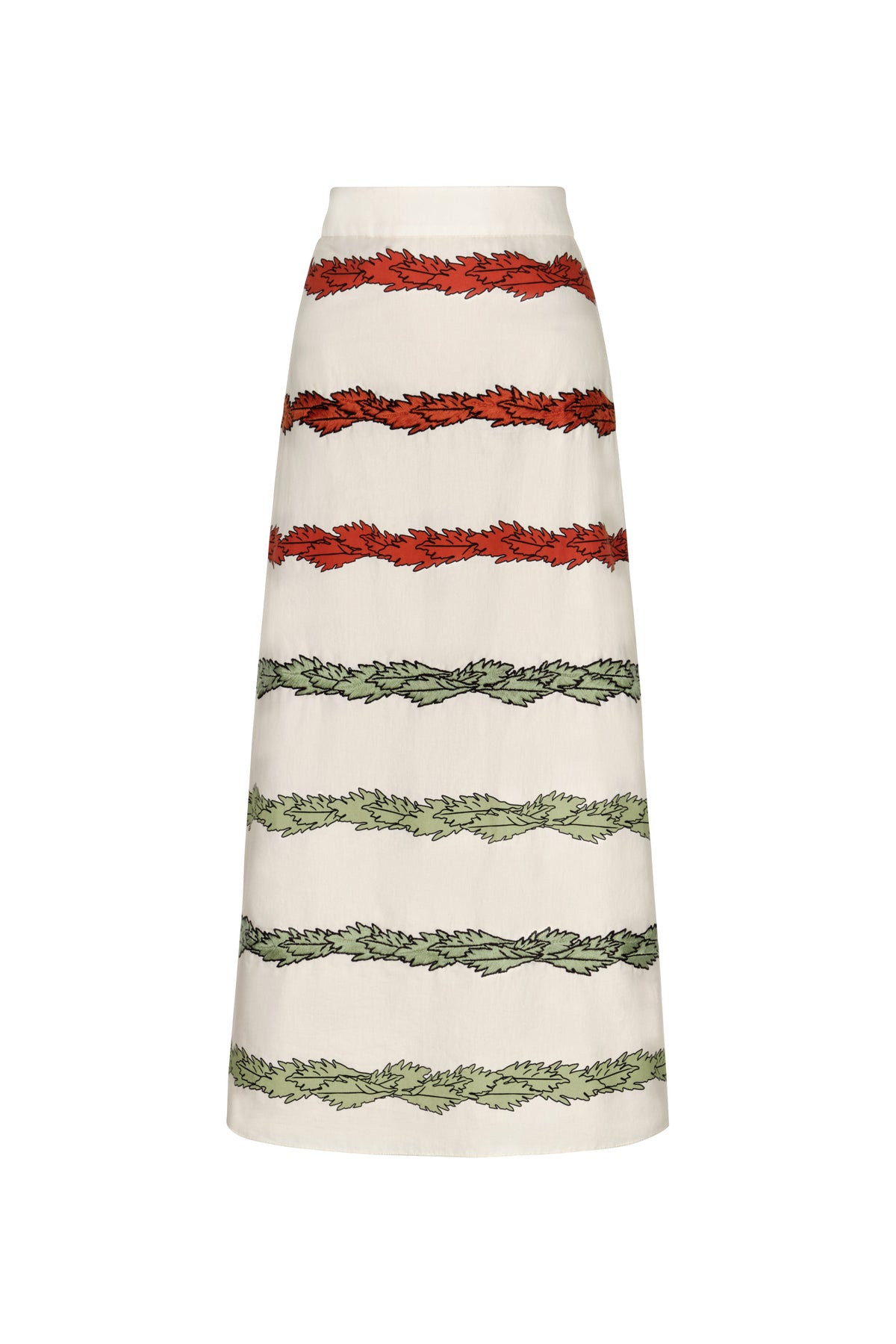 El Carmen Embroidered Cotton Midi Skirt in Ivory Striped Helechos