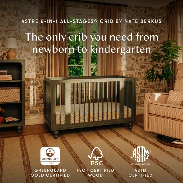 Front view of Astre 8-in-1 crib by Nate Berkus showcasing use from newborn to kindergarten in a styled nursery