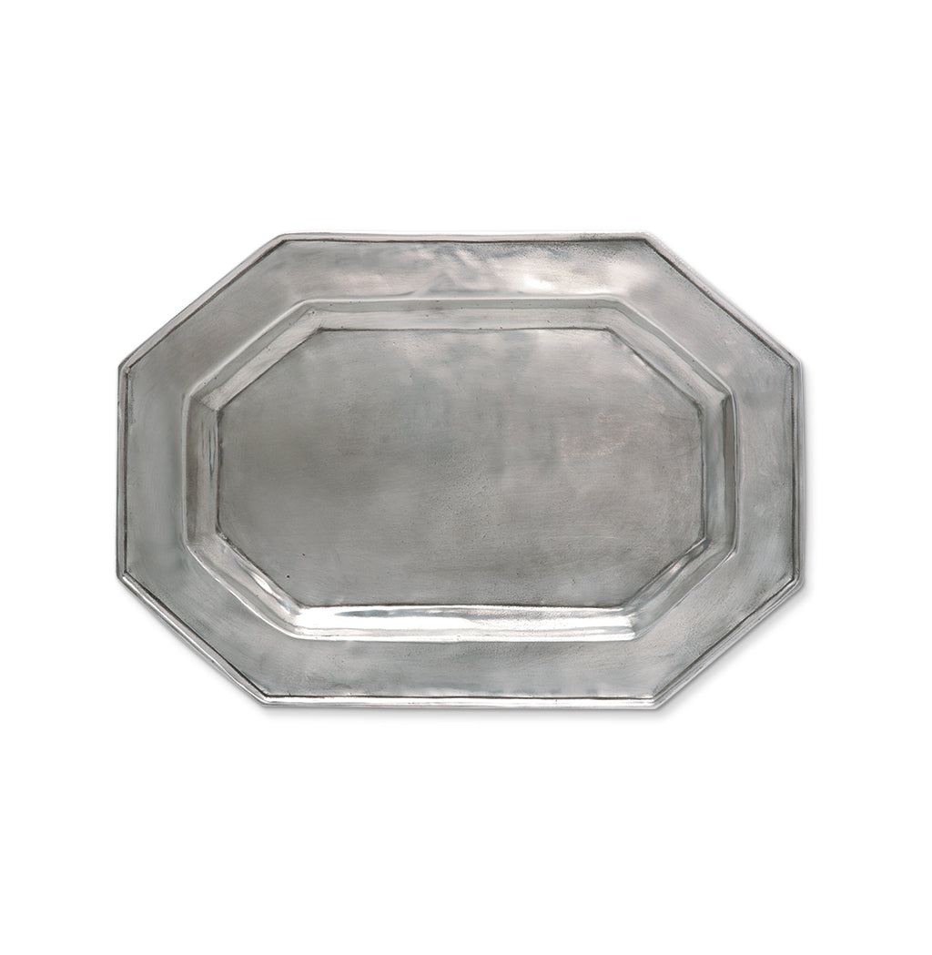 Top view of large octagonal tray for tureen showcasing raised rim in handmade Italian pewter on a white background
