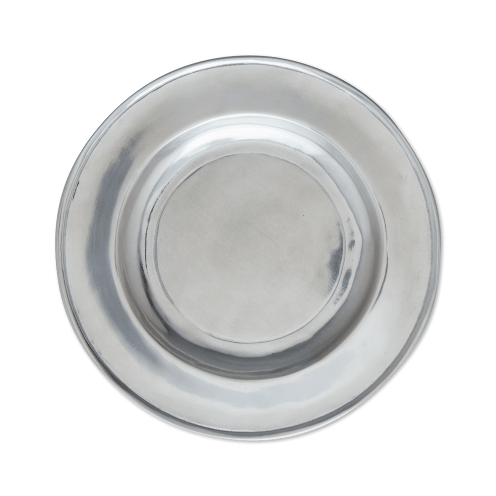 Top-down view of Convivio pewter canape plate showcasing smooth luster and raised rim