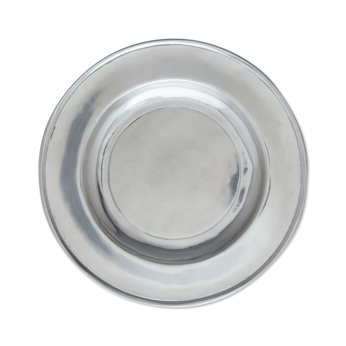 Top-down view of Convivio pewter canape plate showcasing smooth luster and raised rim