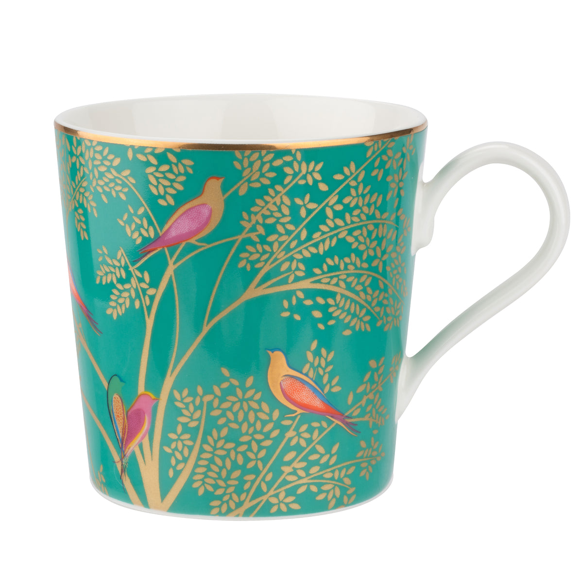 Front view of Sara Miller Chelsea Collection Mug in Green with hummingbirds and 22K gold blossom tree