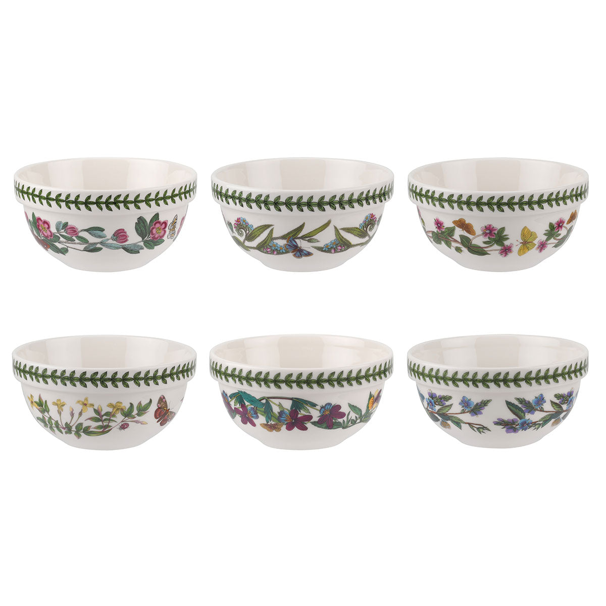 Front view of Botanic Garden 5.5 inch stacking bowls, set of 6 showcasing six floral patterns on a white background