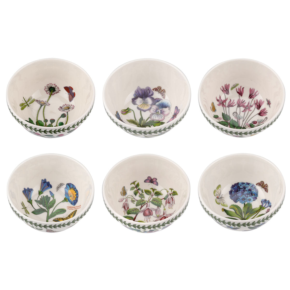Front view of Botanic Garden 5.5-inch stacking bowls, set of 6, showcasing floral botanical designs on white background