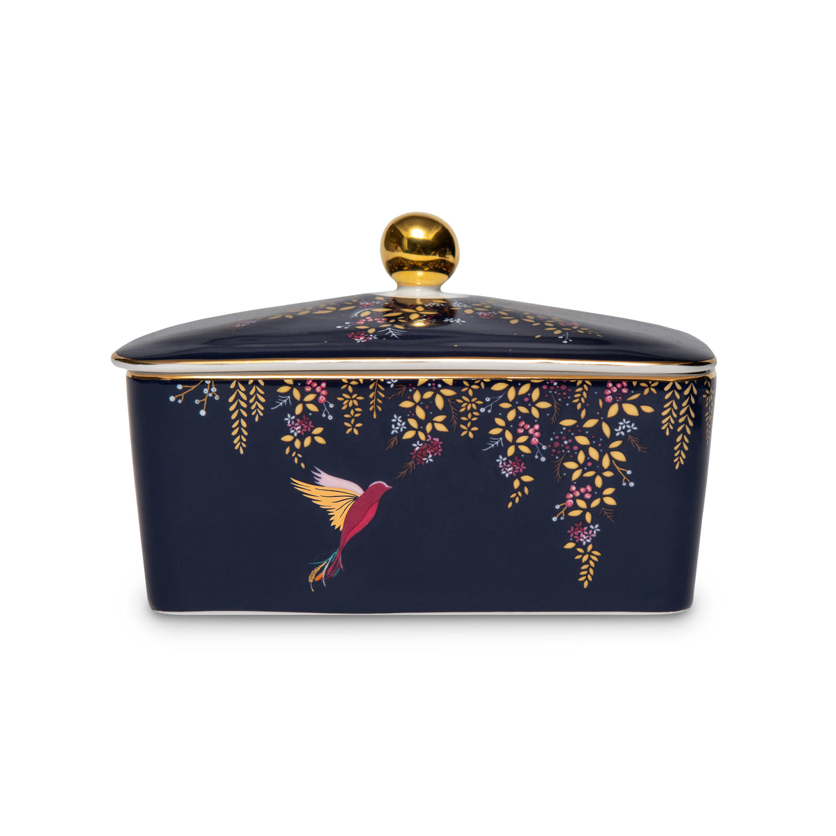 Front view of Sara Miller Chelsea Collection Covered Butter showcasing floral bird pattern and gold detailing on white background