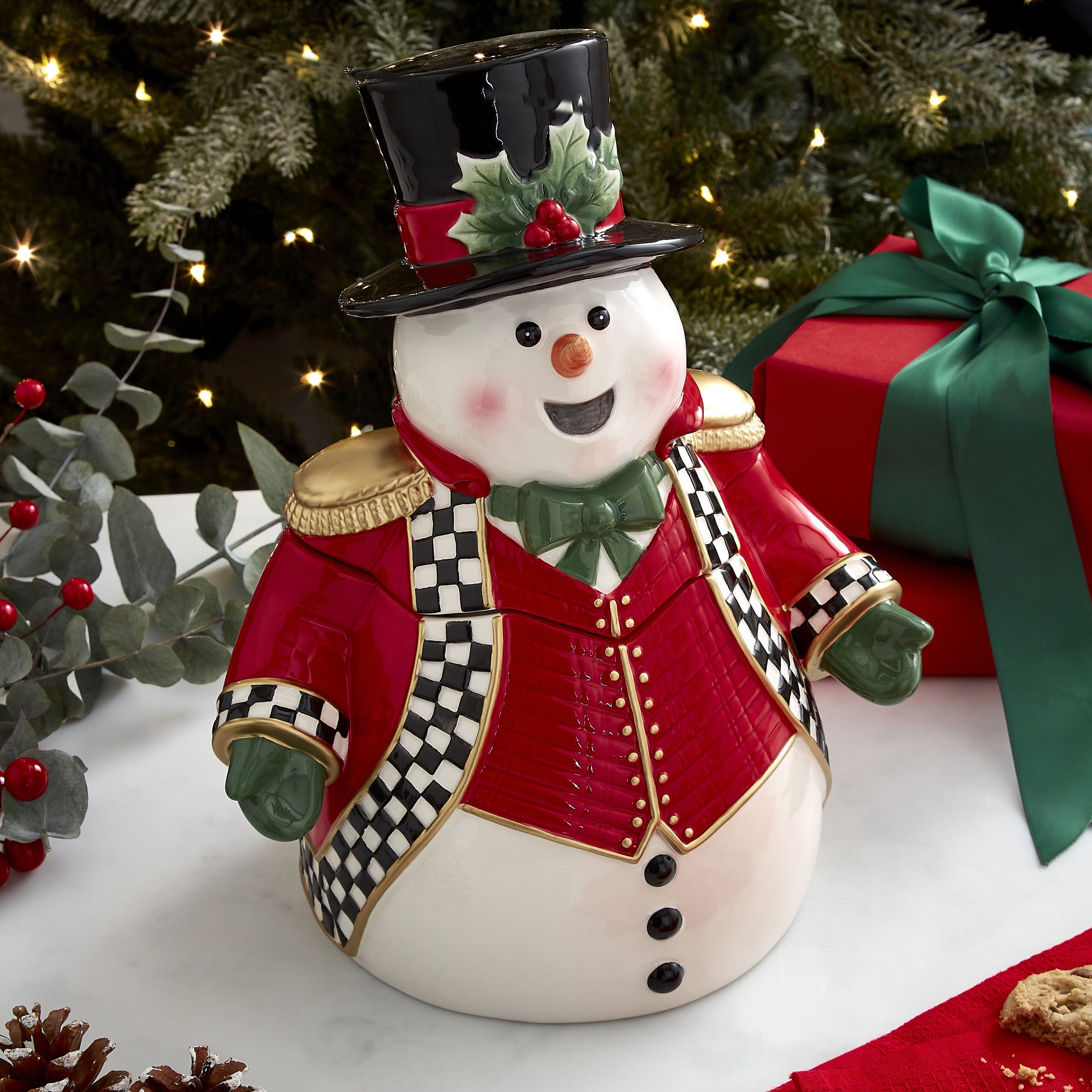 Christmas Tree Black & White Snowman Cookie Jar