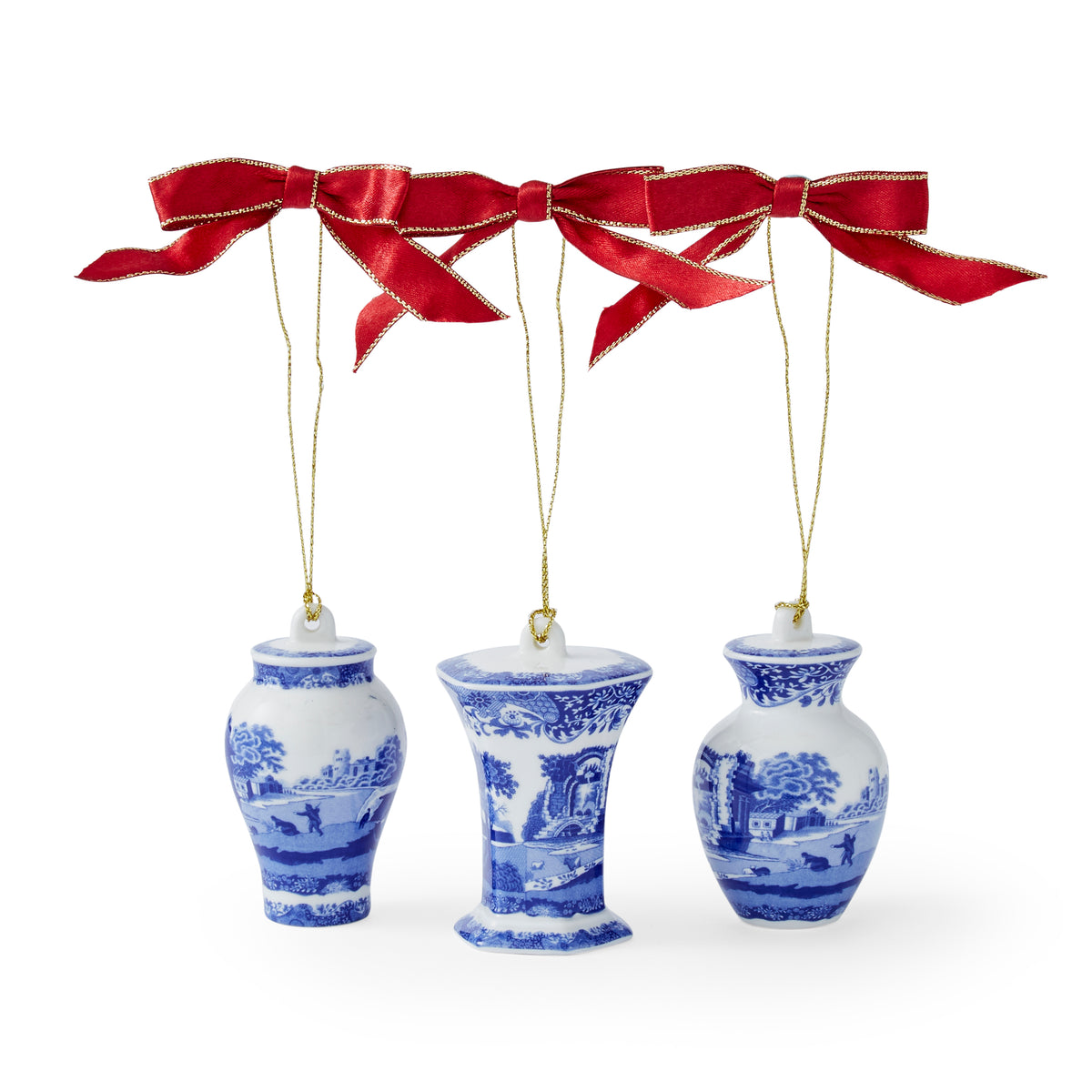 Front view of Blue Italian Christmas mini urn ornaments set of 3 showcasing blue and white ceramic urns with ribbon hangers