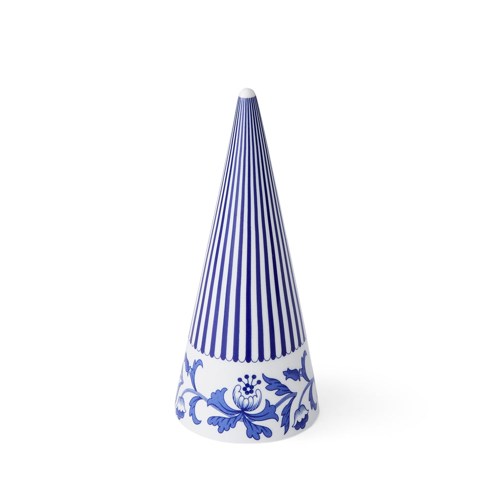 Front view of Blue Italian 9-inch topiary showing vertical blue stripes and floral pattern on white background