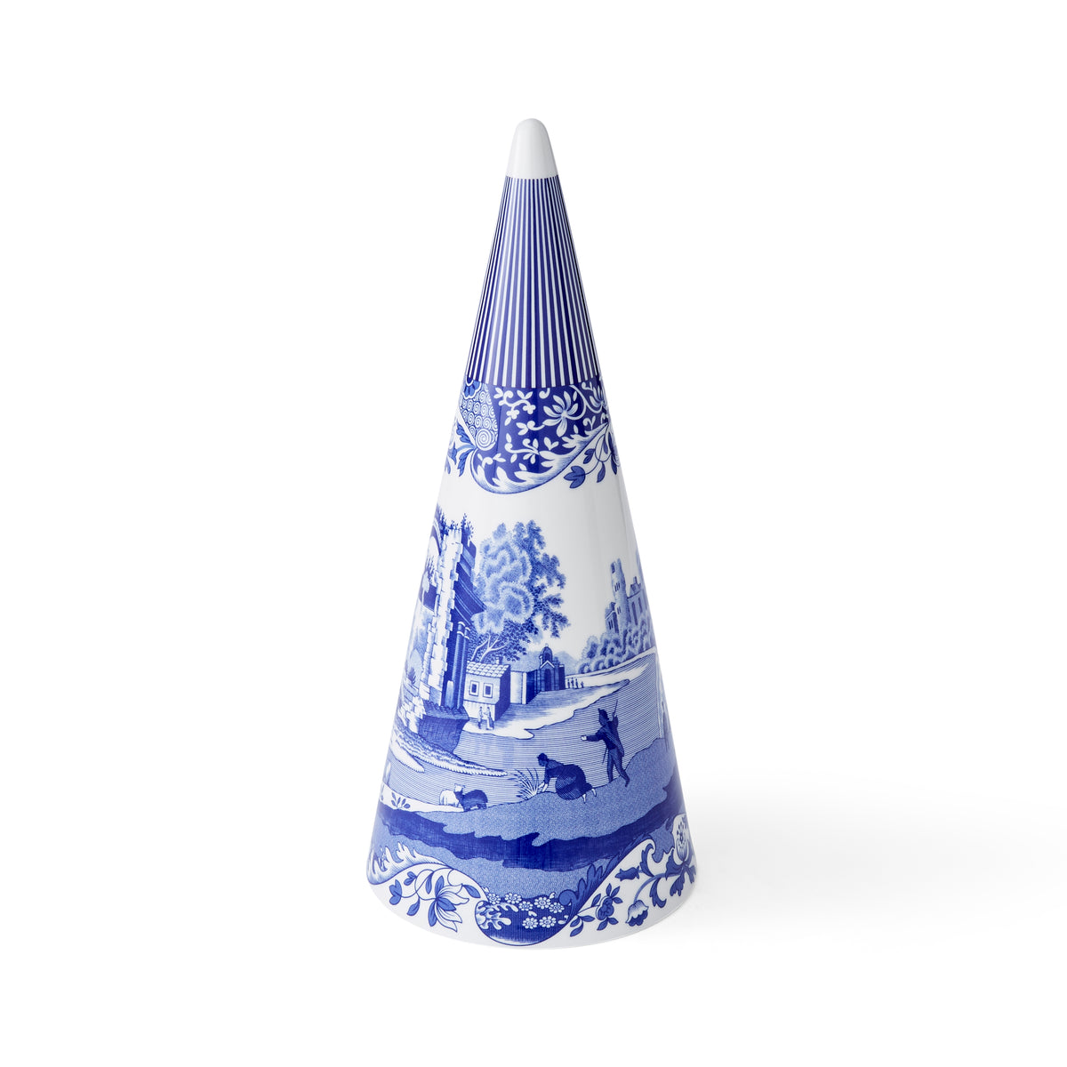 Front view of 13-inch Christmas topiary showcasing Blue Italian transferware pattern on dolomite against white background