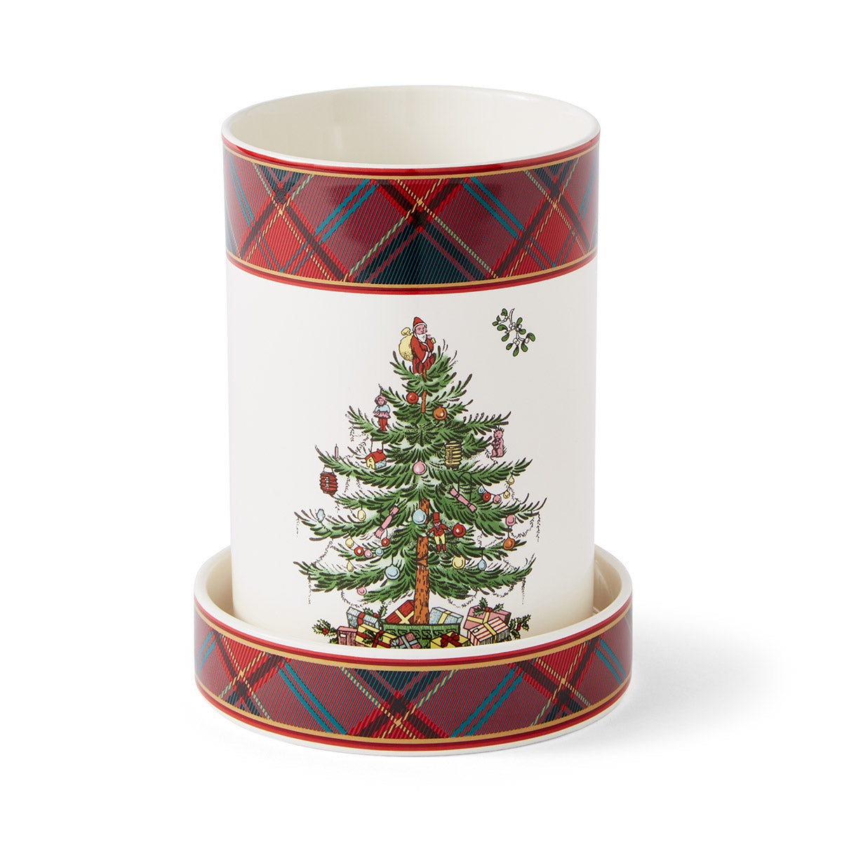 Front view of 2-piece Christmas Tree Tartan wine chiller and coaster set showing printed Christmas tree motif and red tartan border on white background