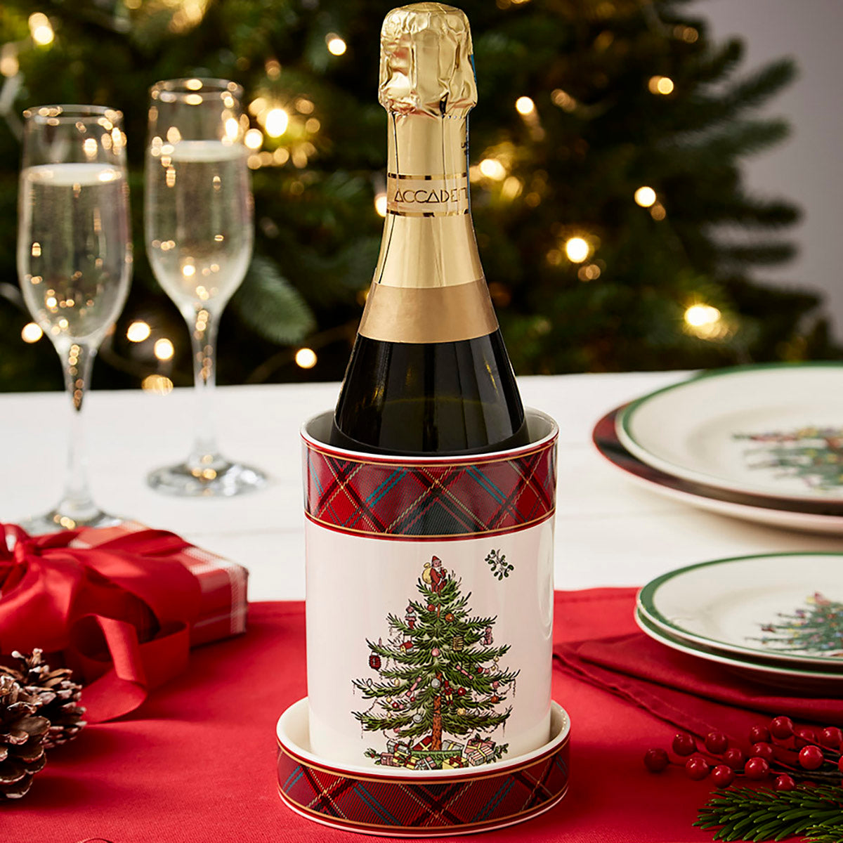 Christmas Tree Tartan 2-Piece Wine Chiller & Coaster Set
