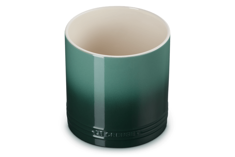 Three-quarter top view of signature utensil crock 2.7 qt in Artichaut green, straight-sided stoneware with cream interior on white background
