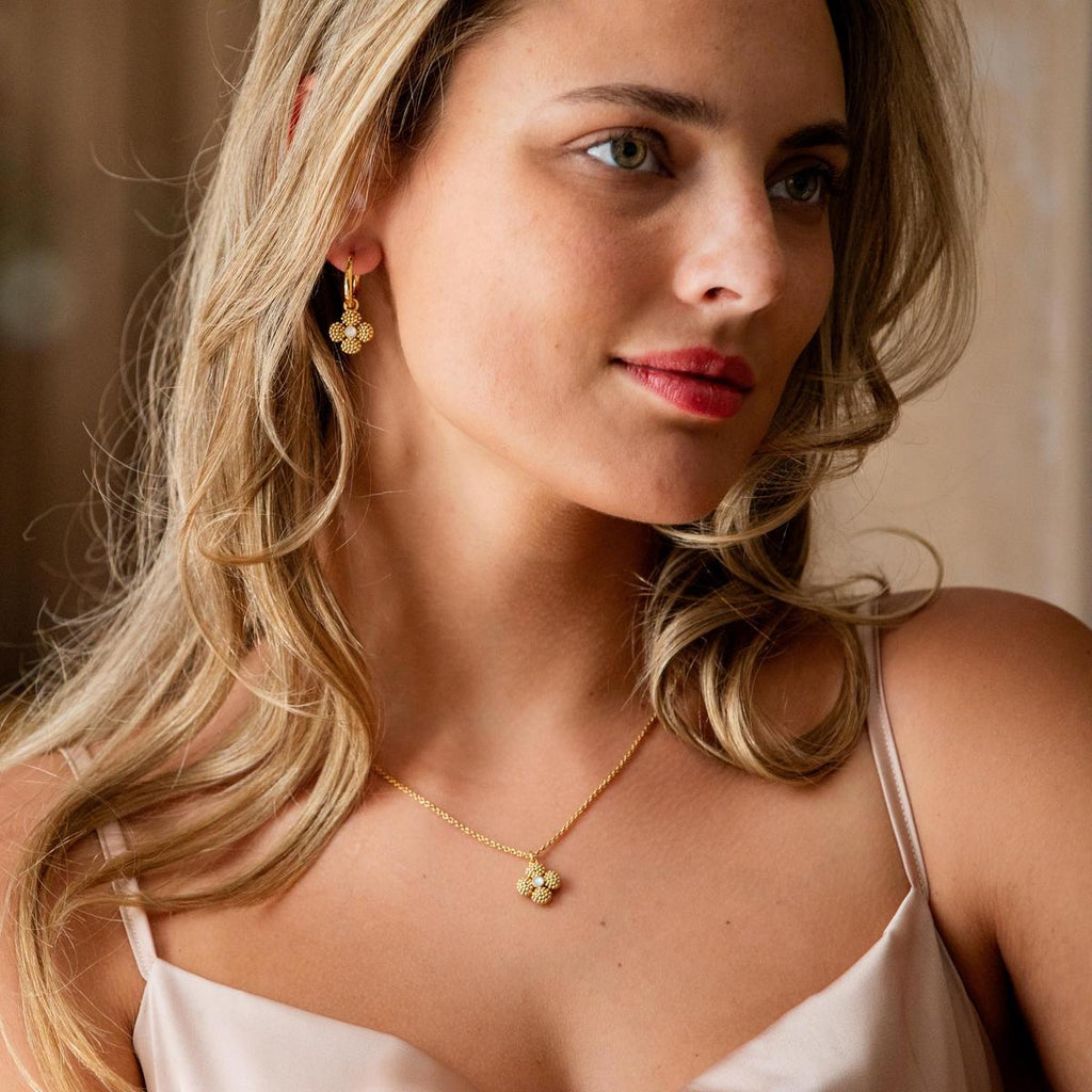 Berry Clover Hoop Earrings with Double Sided Charm in MOP