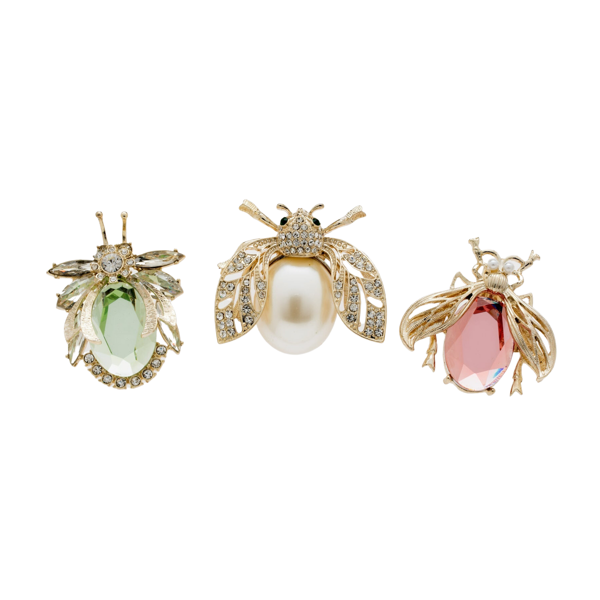 Front view of Classic Sparkle Clip Set in Pastel showcasing three insect-shaped clips with glass details on black backdrop