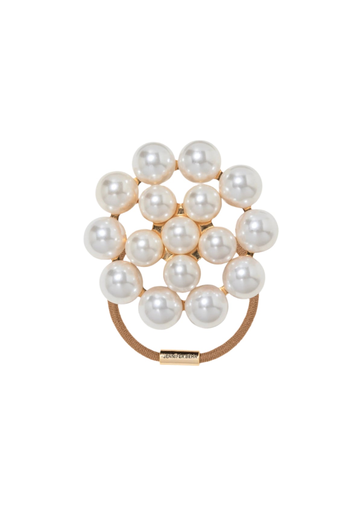 Front view of Paige Ponywrap in Pearl showcasing clustered crystal pearls and elastic closure on a white background