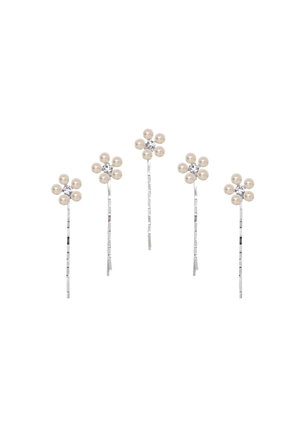 Front view of Zaya Bobby Pin Set in Silver showcasing five daisy-shaped pearl and crystal pins with a white background