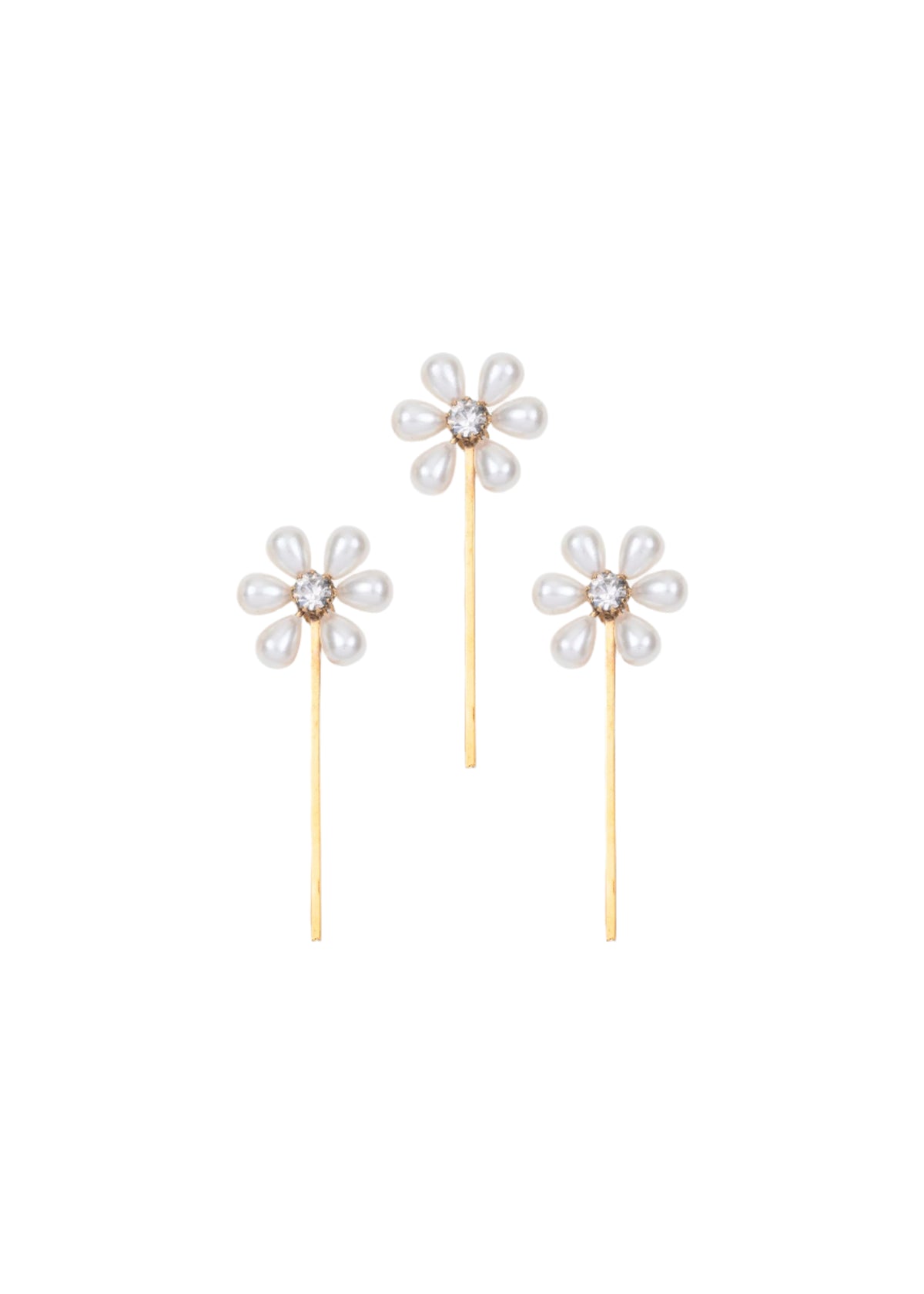 Front view of Laena Bobby Pin Set in Gold showcasing three pearl flower pins with crystal centers on a white background