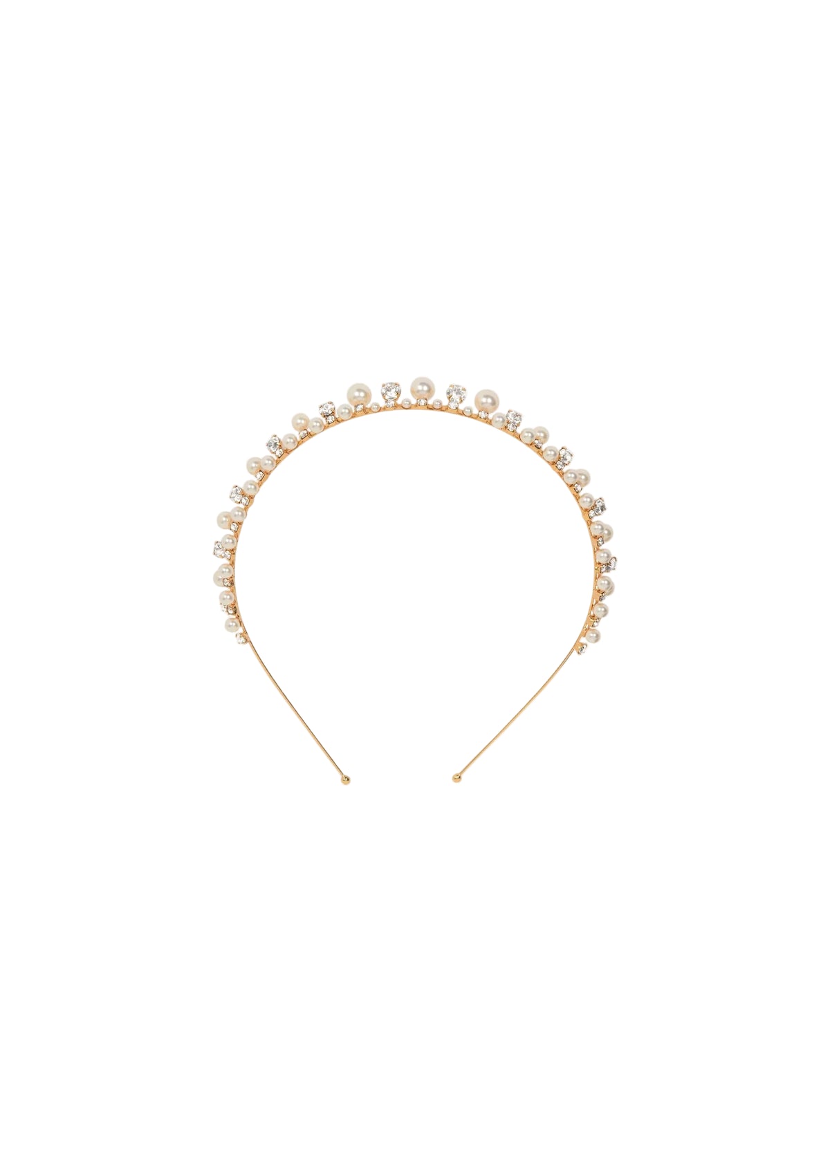 Front view of Corisande Tiara in Pearl Gold showing crystal pearls and Austrian crystals on gold-plated band on white