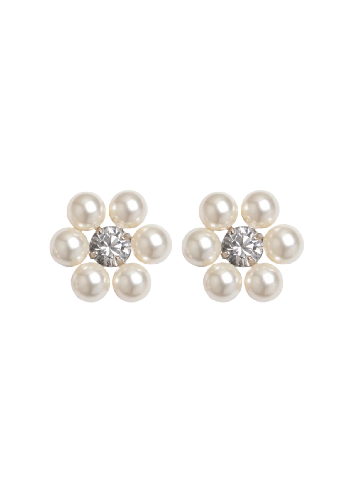 Front view of Zaya Studs in Crystal showcasing daisy flowers with crystal pearls and Czech crystals on a white background