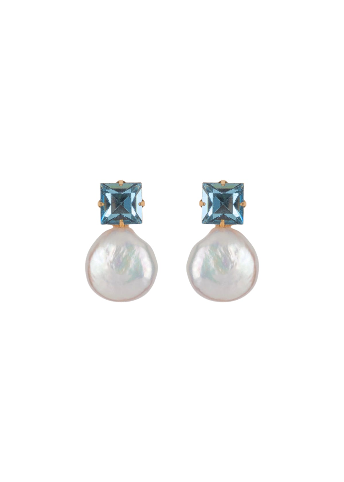 Front view of Junia Earrings in Sky showcasing square-cut crystals and freshwater baroque pearls on a white background