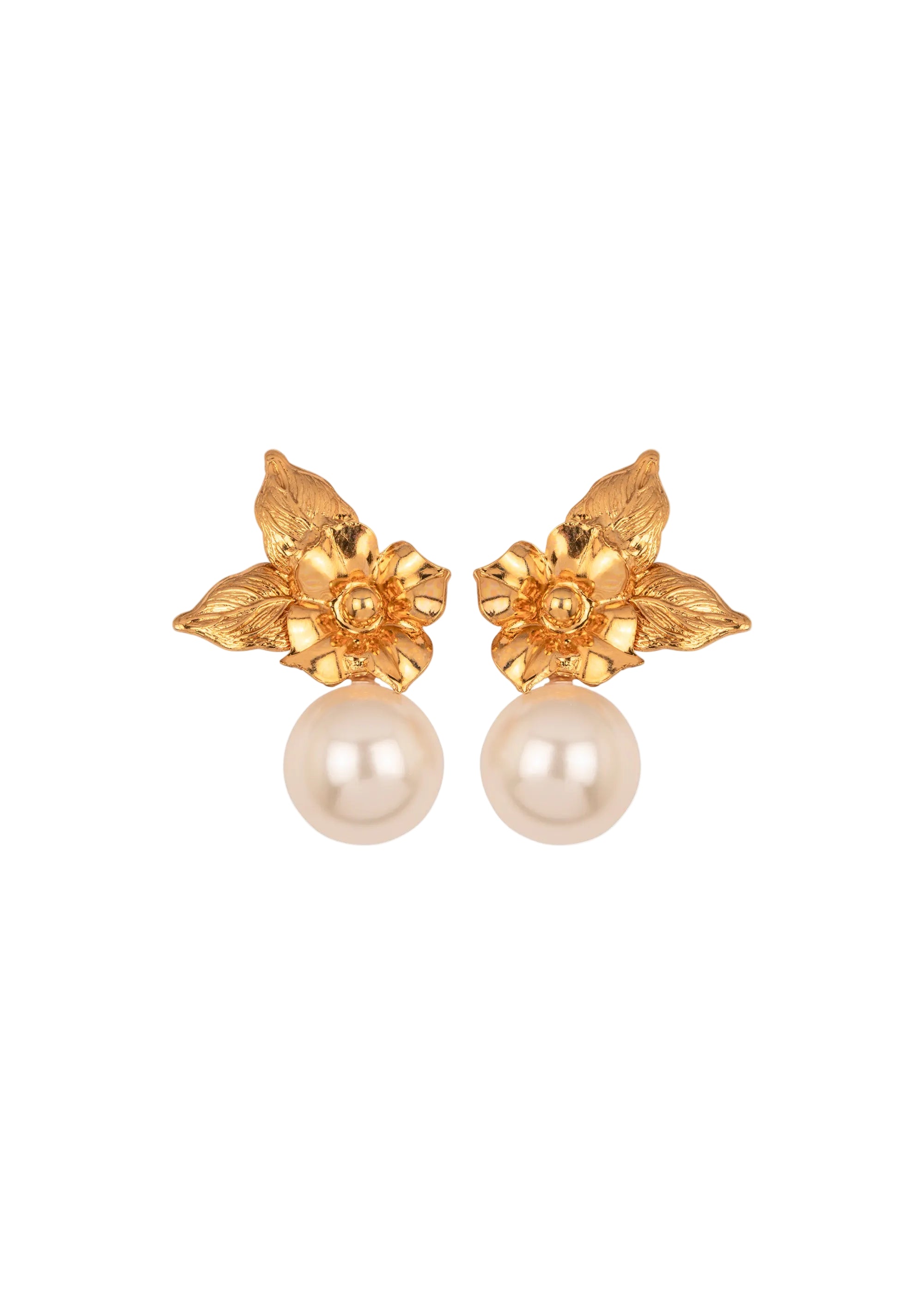 Front view of Rici Earrings in gold showing hand-sculpted floral 18K gold-plated setting with Austrian crystal-pearl drops on white background