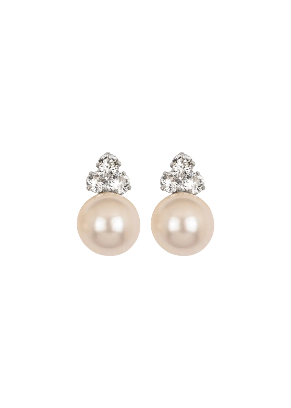 Front view of Belen earrings showcasing crystal pearl drops topped by three Austrian crystals on white background