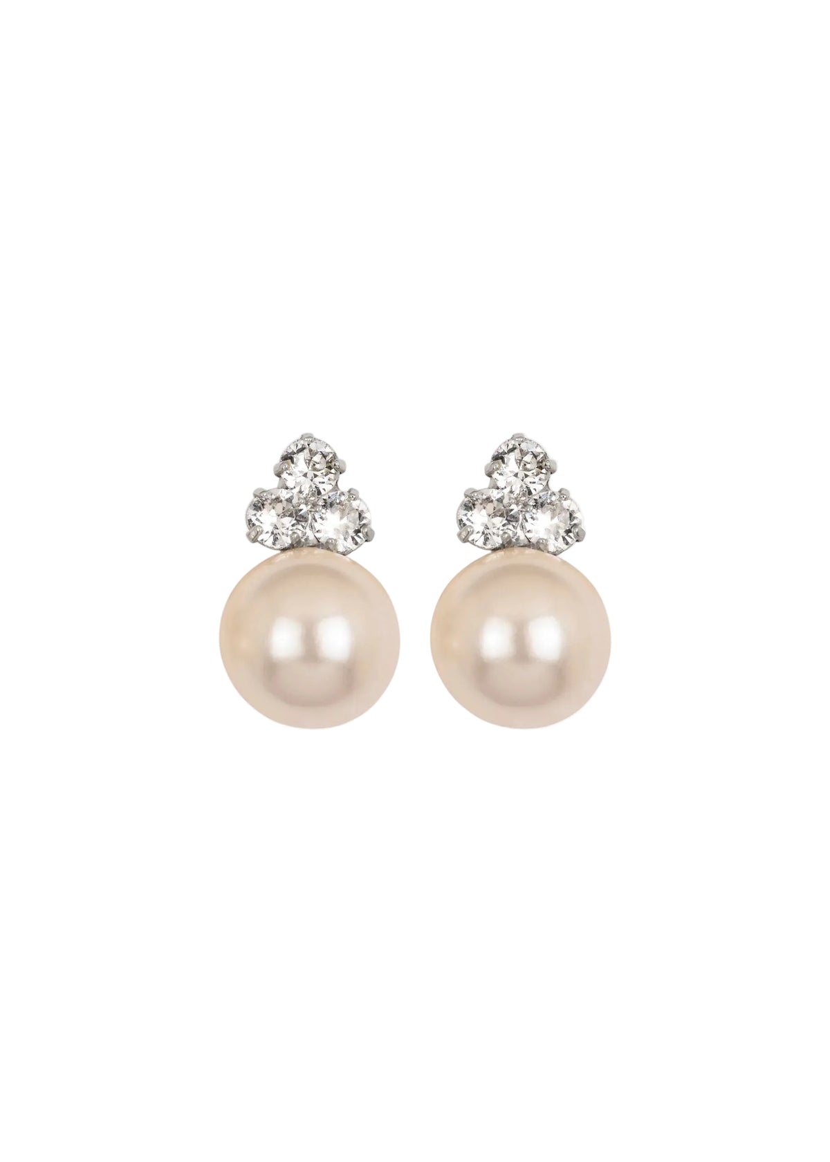 Front view of Belen earrings showcasing crystal pearl drops topped by three Austrian crystals on white background