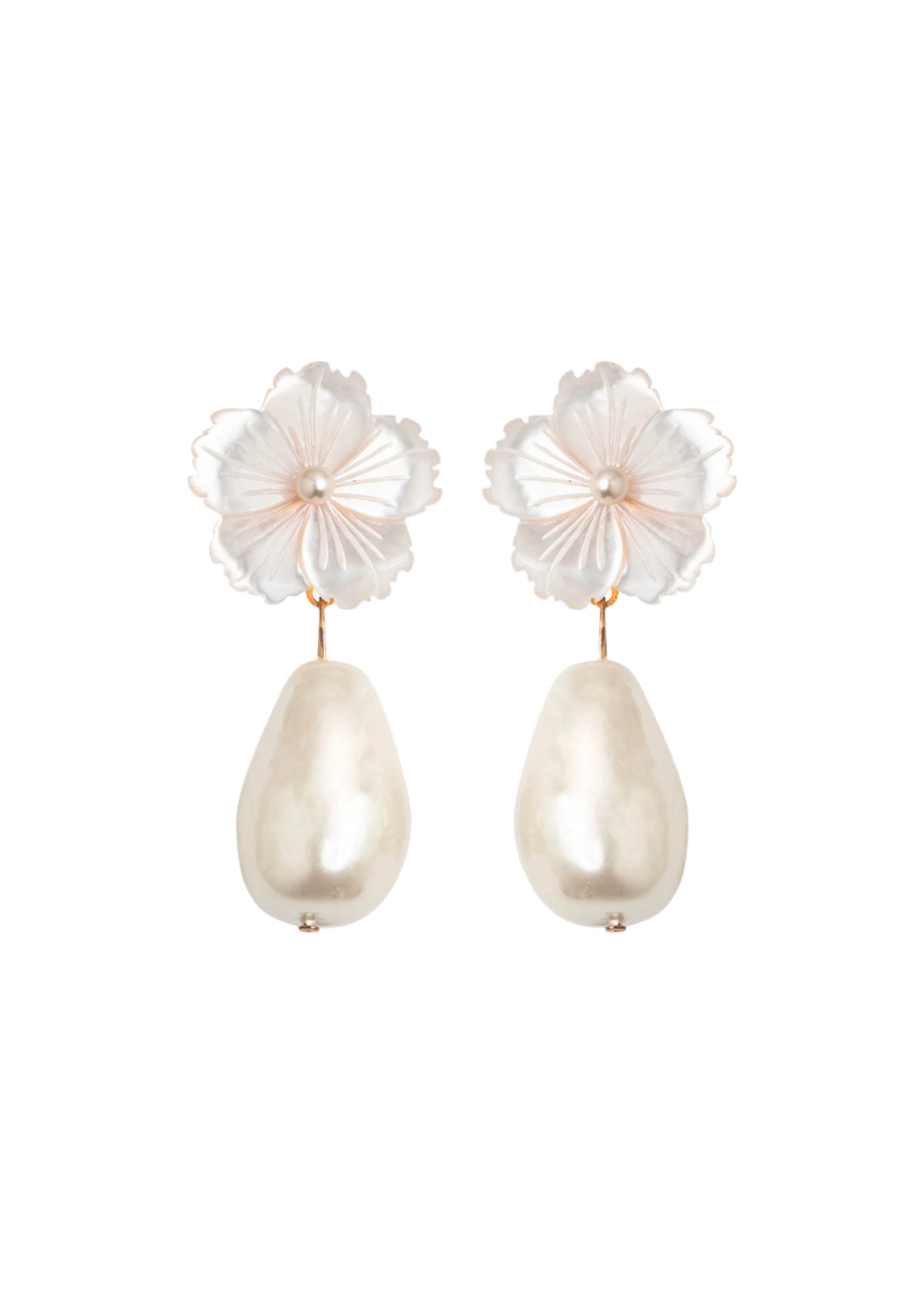 Front view of Carlla Earrings in Mother Of Pearl with flower shaped studs and dangling baroque style Japanese cotton pearls
