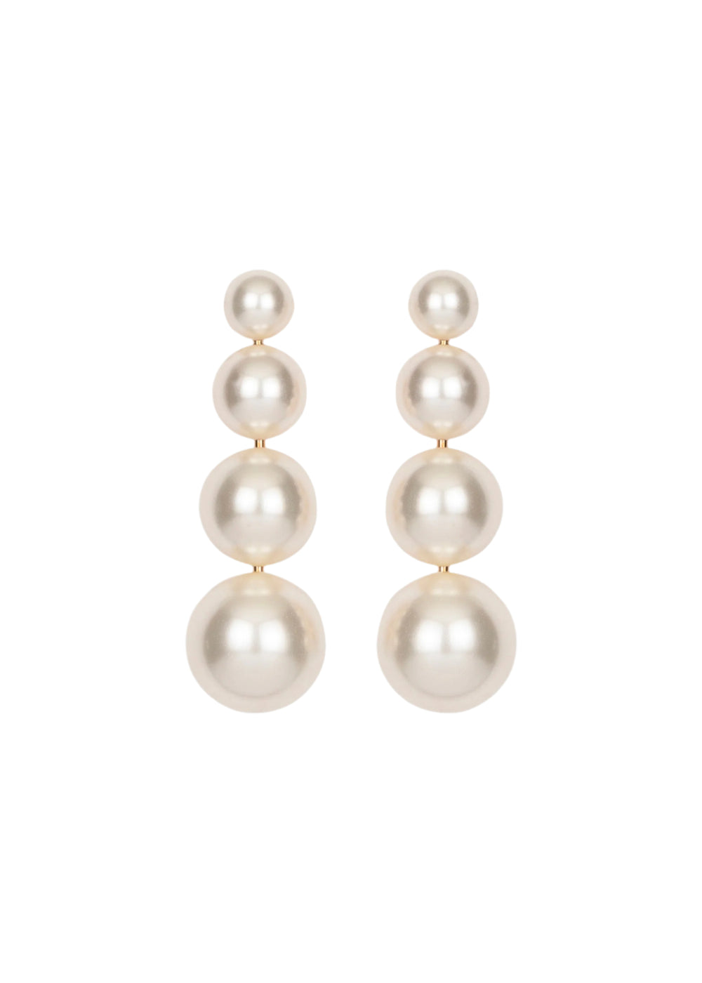 Front view of Palma drop earrings in pearl showing three graduated pearls on gold posts against white background
