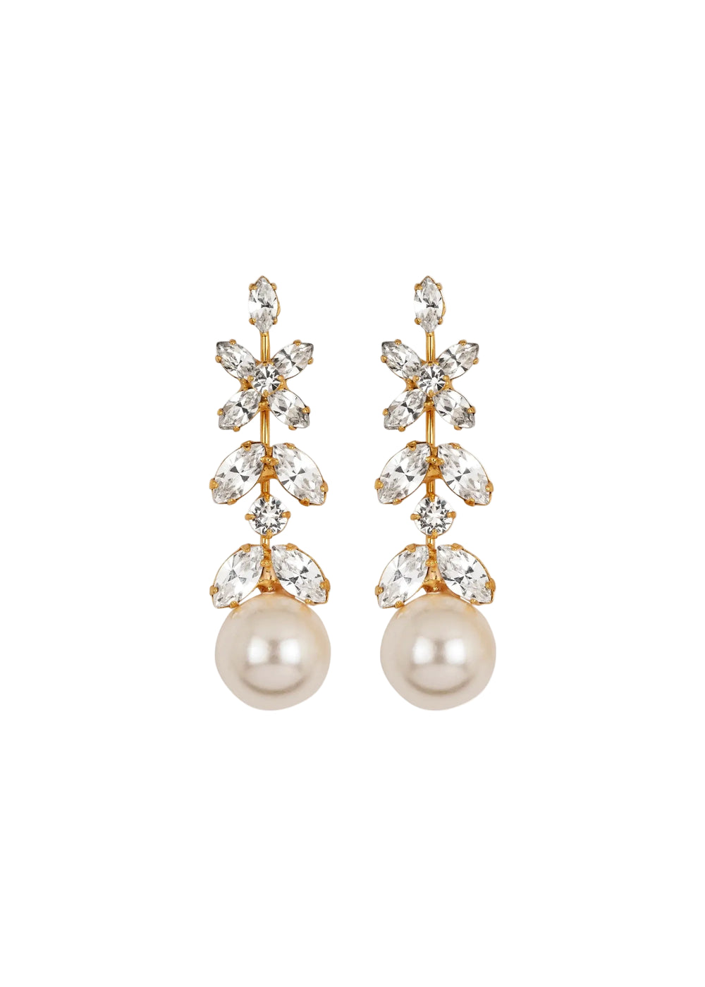 Front view of Tiera earrings showcasing Austrian crystals, crystal pearls and 18 karat gold plating on white background