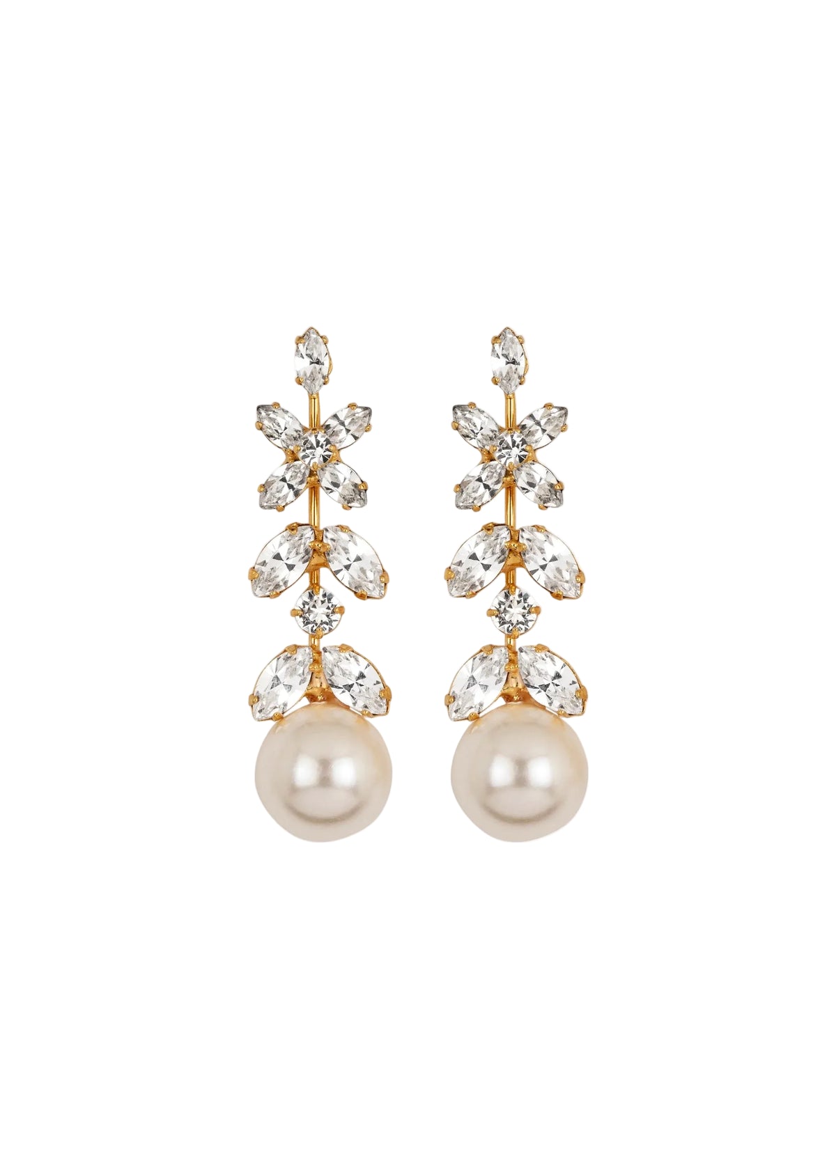 Front view of Tiera earrings showcasing Austrian crystals, crystal pearls and 18 karat gold plating on white background