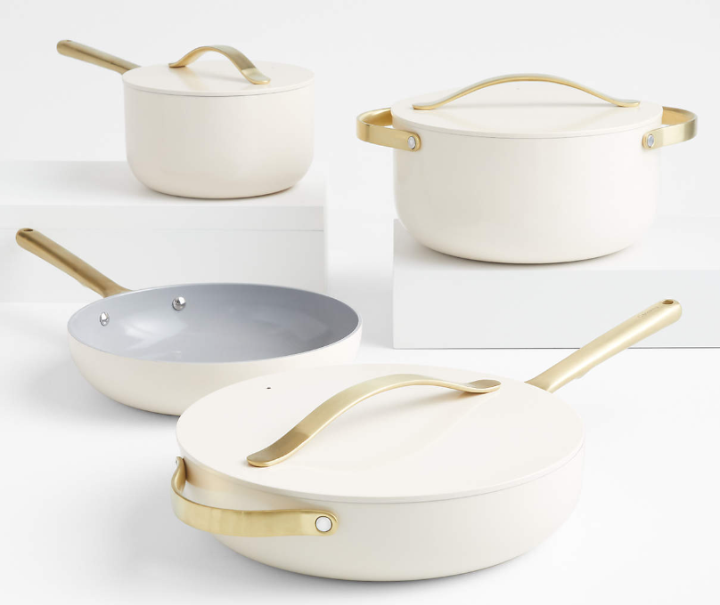 Caraway Home 7-Piece Cream Ceramic Non-Stick Cookware Set with Gold Hardware